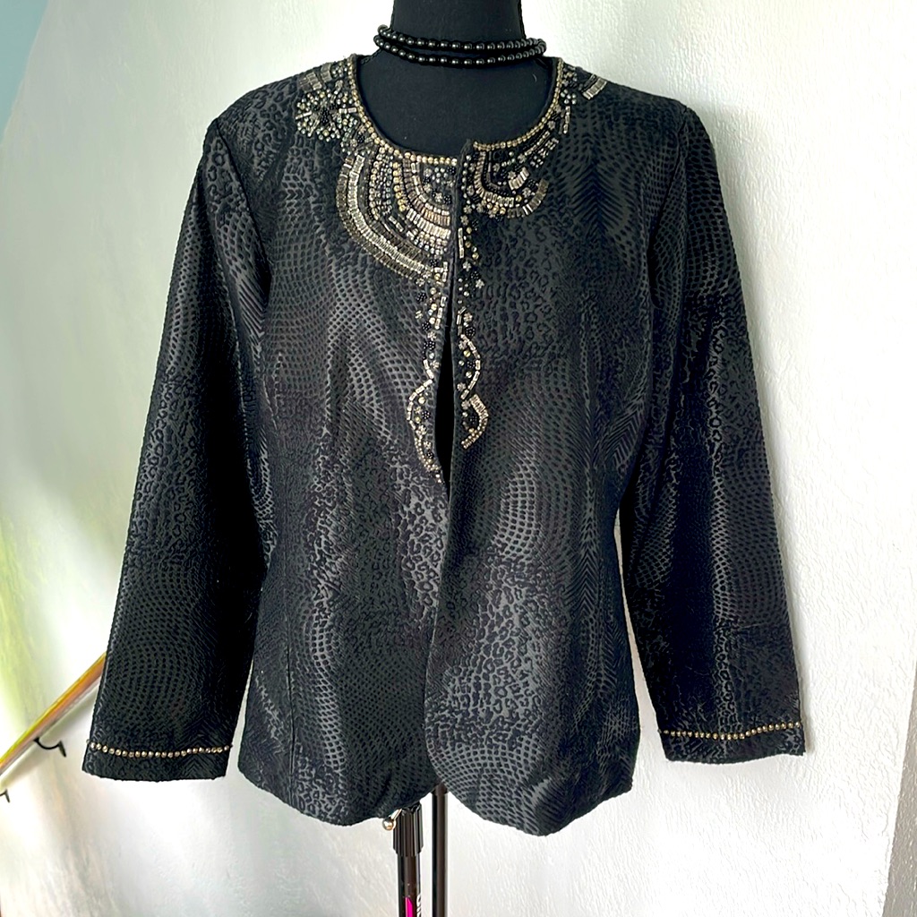 Chicos Black Embellished Sequin And Beaded Detailing Woman's Jacket Size 8/10